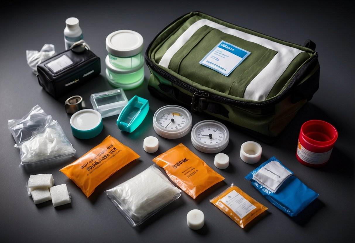 A scuba diver's first aid kit laid out neatly on a table, including items such as bandages, antiseptic wipes, oxygen mask, and emergency contact information