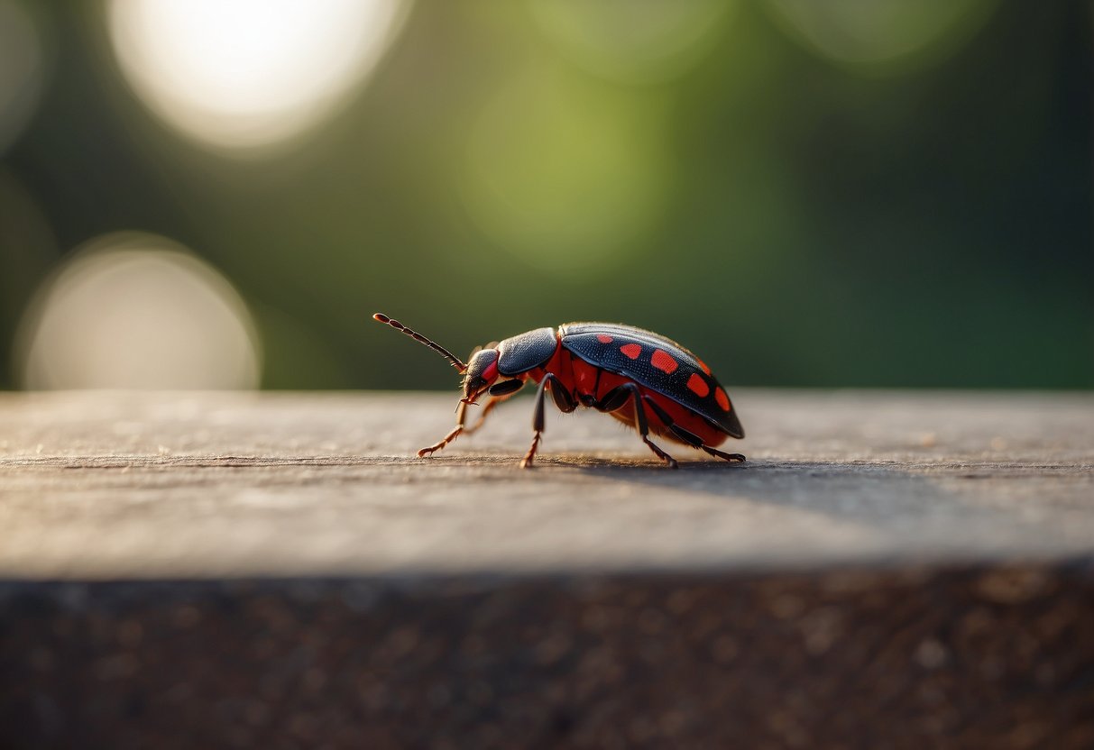 A bug crawling on a piece of furniture, surrounded by small red bite marks