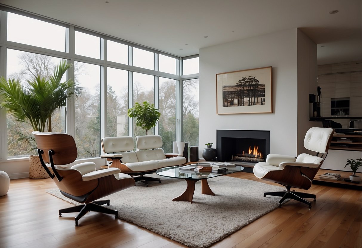 A modern living room with iconic Eames furniture arranged in a stylish and inviting manner, with clean lines and a minimalist aesthetic