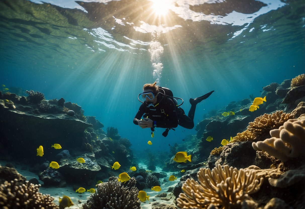 Crystal clear water surrounds a diver as they navigate through colorful coral reefs. Sunlight filters through the water, casting a mesmerizing glow on the underwater landscape