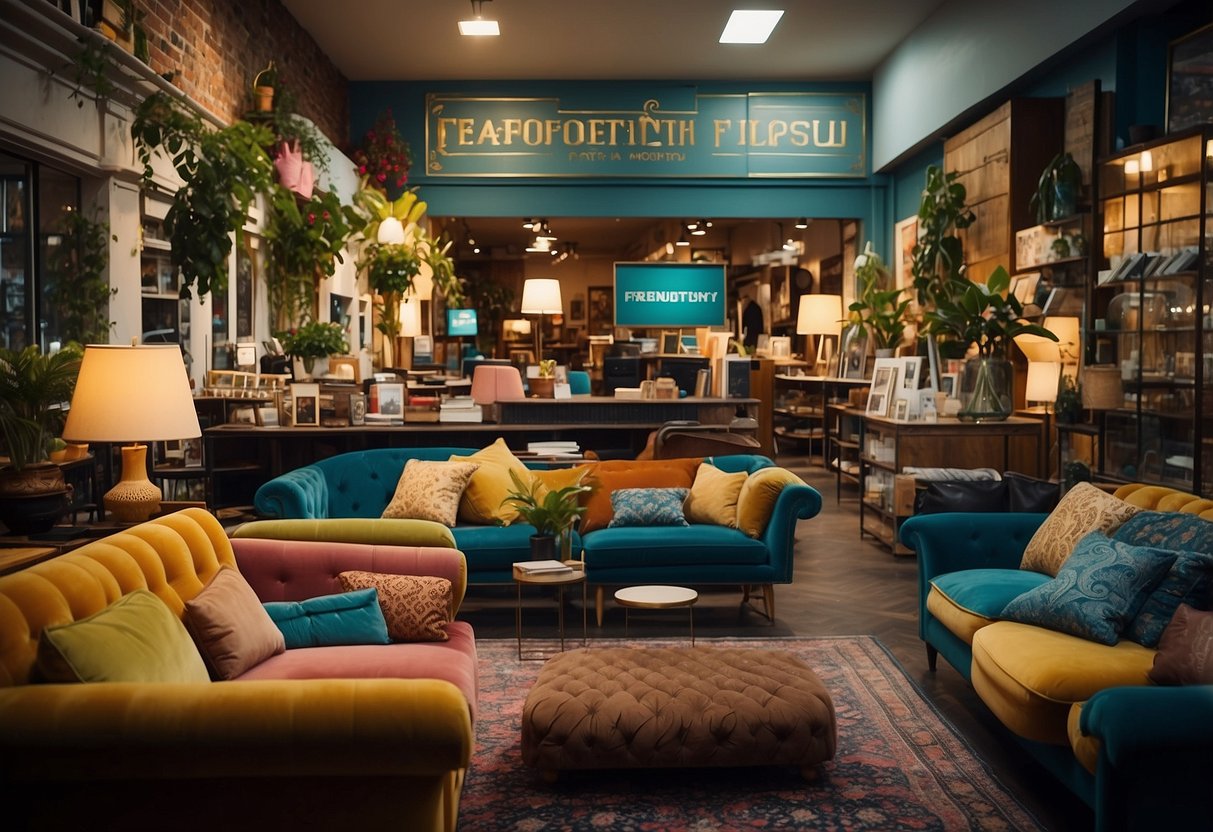 A colorful furniture store in Brighton with a busy atmosphere, customers browsing, and a prominent "Frequently Asked Questions" sign