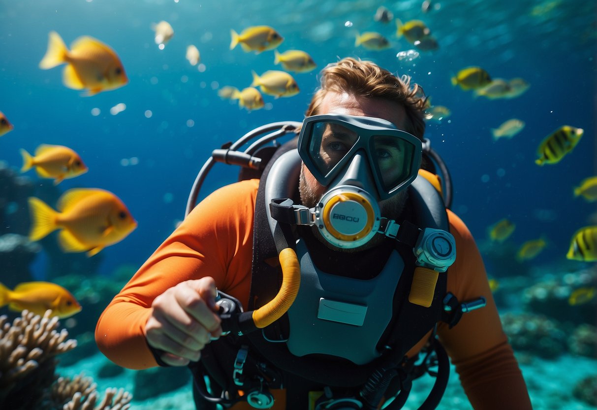 A diving suit floats in clear blue water, surrounded by colorful fish and coral. Sunlight filters through the ocean, illuminating the scene