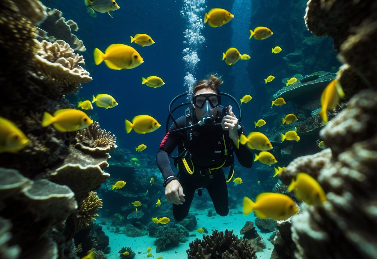 A dive light illuminates the underwater world, casting a beam of light on colorful coral and marine life. The diver carefully navigates through the dark depths, following the tips for a safe and enjoyable underwater experience