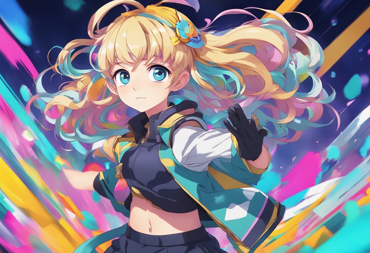 A colorful anime character with big, expressive eyes, styled hair, and a dynamic pose, surrounded by vibrant background elements