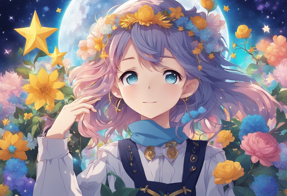 A character with vibrant hair and expressive eyes, surrounded by whimsical elements like stars, flowers, and magical symbols