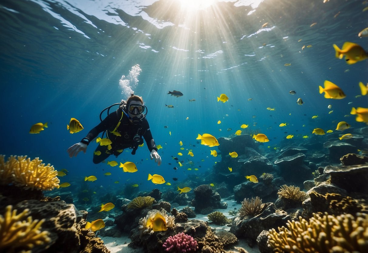 Sunlight filters through water, illuminating colorful coral and schools of fish. A diver navigates through the vibrant underwater landscape, staying aware of their surroundings