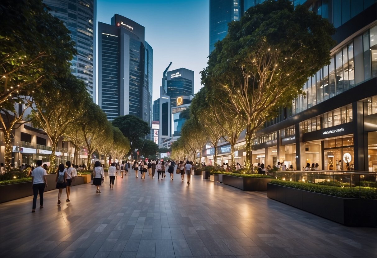 A bustling street lined with modern furniture stores in Orchard Road, Singapore. Brightly lit displays and sleek designs attract shoppers