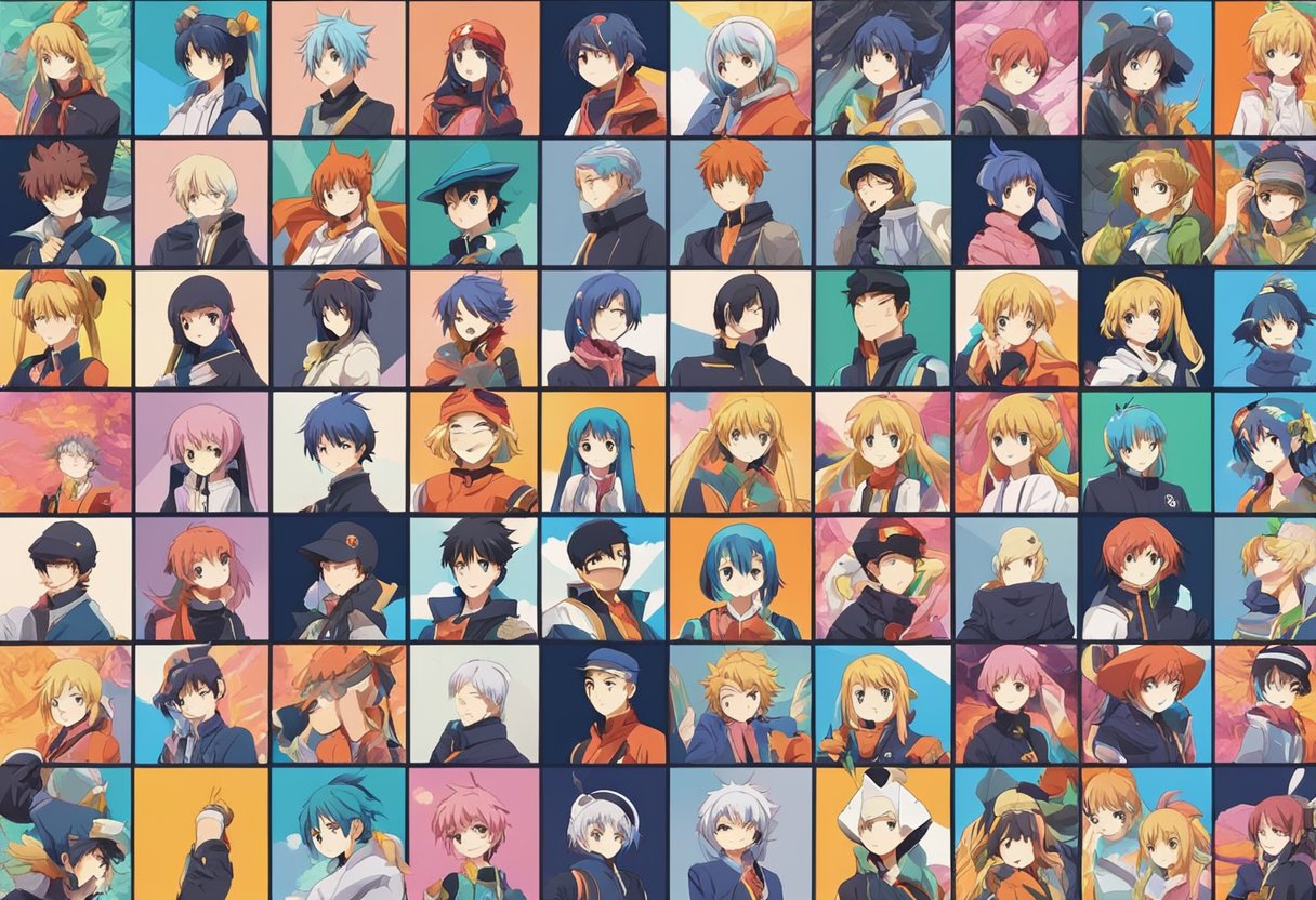 A colorful collage of anime characters in various styles and expressions, arranged in a grid pattern with vibrant backgrounds