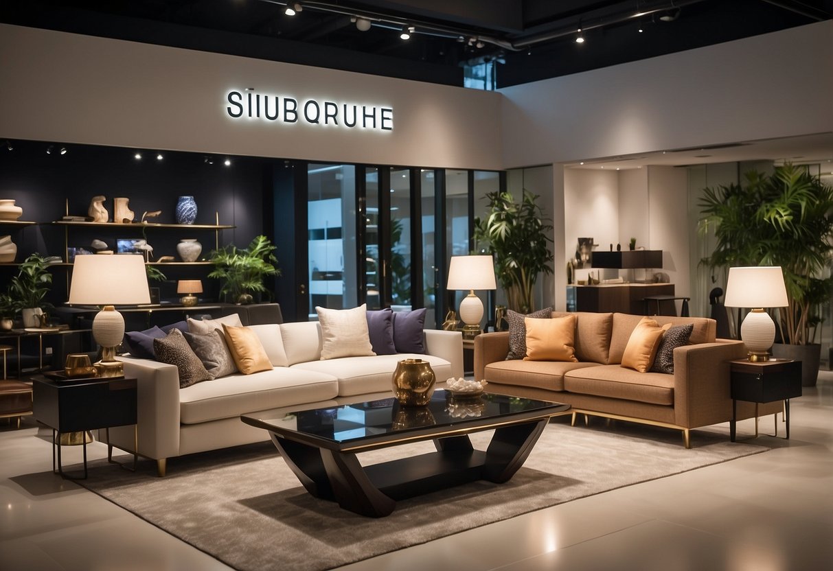 A bustling showroom filled with sleek, modern furniture displays from top brands in Singapore. Bright lighting highlights the elegant designs and luxurious materials