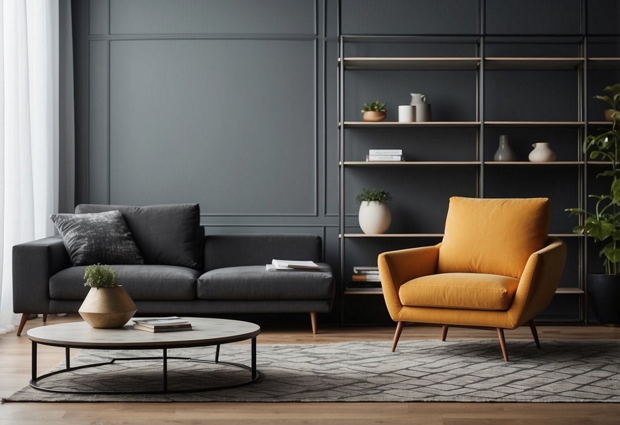 A modern, asymmetrical sofa sits beside a geometric coffee table. A statement chair with bold patterns contrasts against a minimalist shelving unit