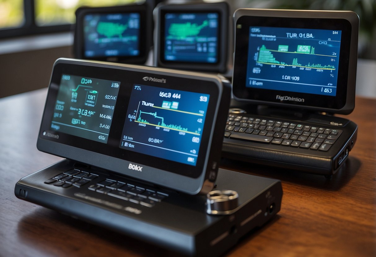 Five dive computers arranged on a table, each displaying different features and designs. Light reflects off their screens, highlighting their user-friendly interfaces