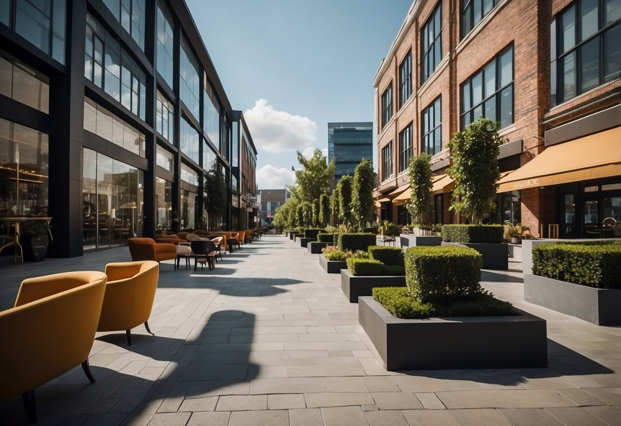 A bustling street with modern furniture stores lining both sides, showcasing sleek and stylish pieces in various colors and designs