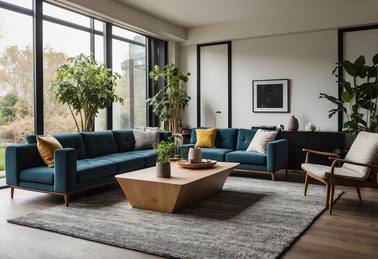 A modern, minimalist living room with sleek, angular furniture. A bold, statement piece like a vibrant, geometric-patterned rug anchors the space