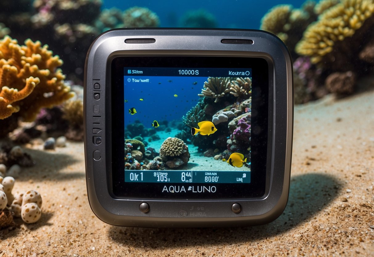 The Aqua Lung i300C dive computer sits on a sandy ocean floor, surrounded by colorful coral and tropical fish. The bright display screen is illuminated, showing vital dive information