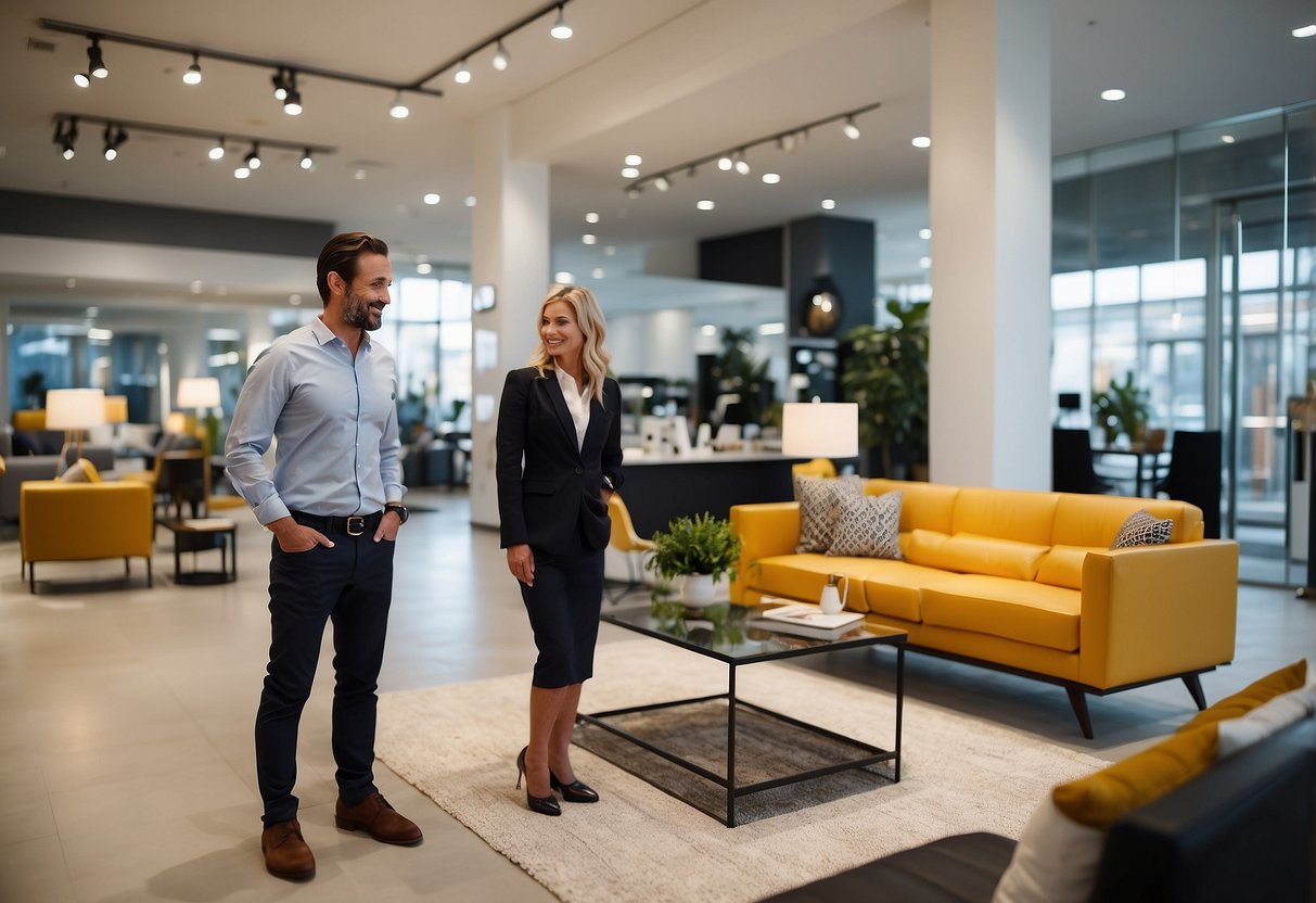 A bright, spacious showroom with modern furniture displays. A friendly salesperson assists a customer, demonstrating top-notch customer care