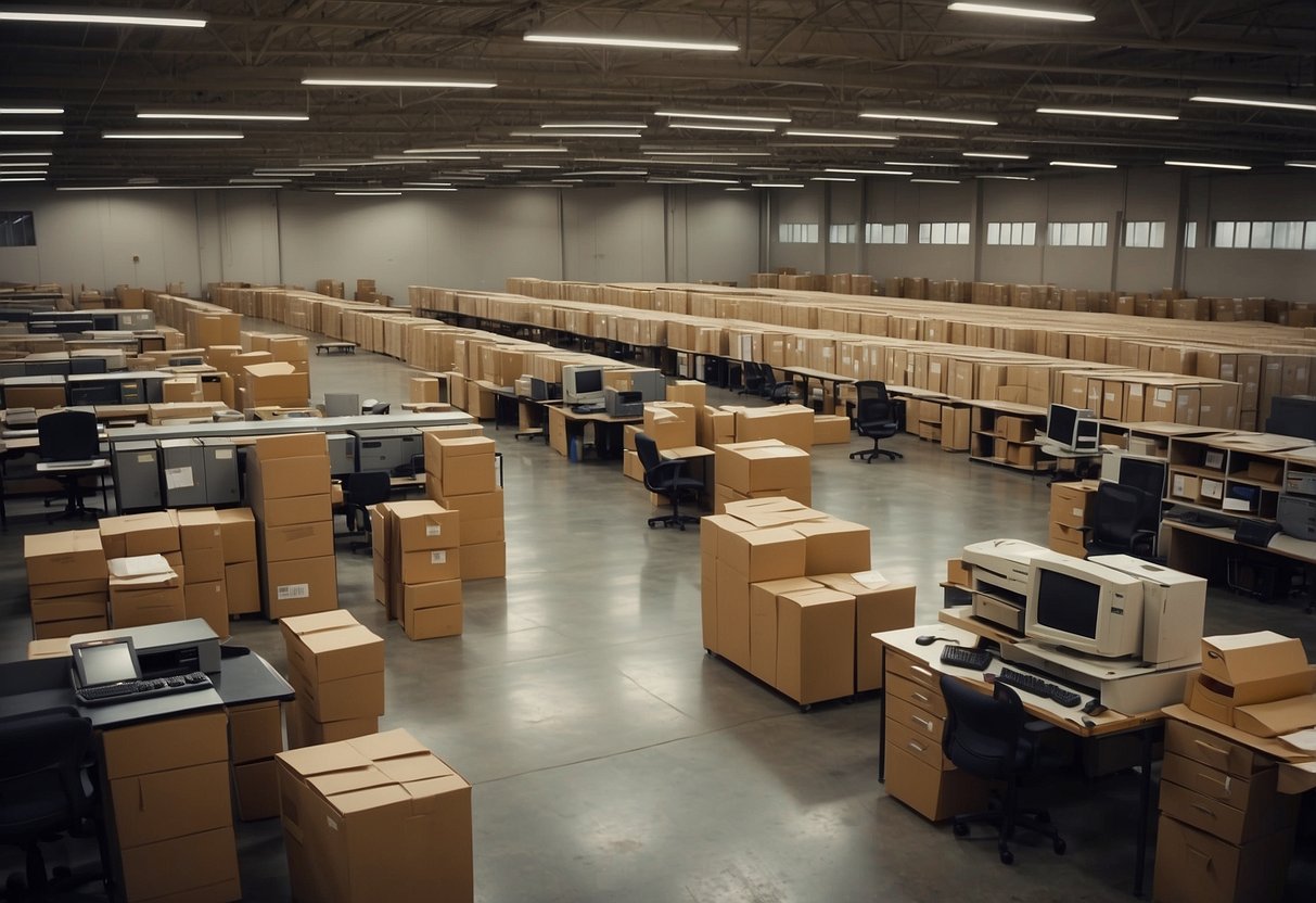 A spacious warehouse filled with rows of used office system furniture, including desks, chairs, and filing cabinets, being inspected by a professional evaluator
