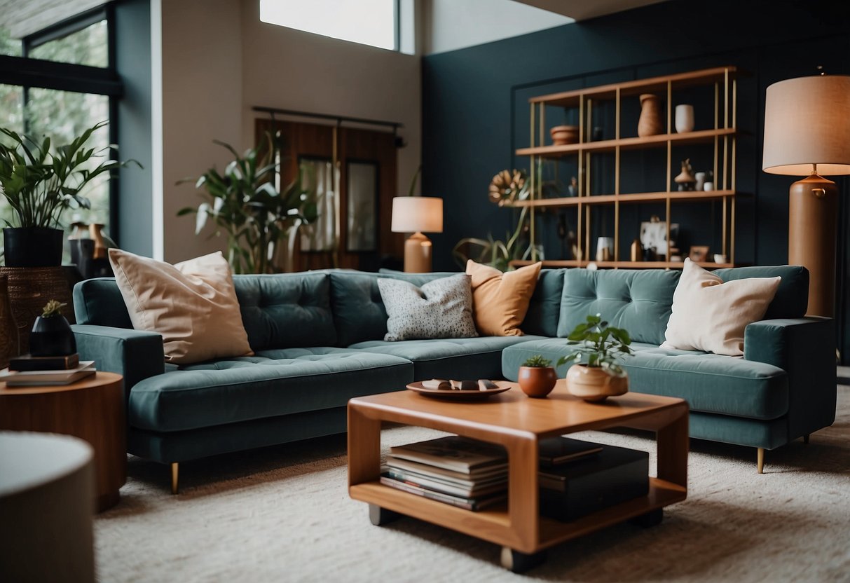 A person choosing unique furniture for a living room, surrounded by stylish and modern pieces, with a focus on statement items
