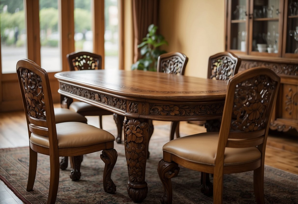 A grand oak table, intricately carved with floral motifs, sits in a cozy, dimly lit room, surrounded by matching chairs and a decorative sideboard