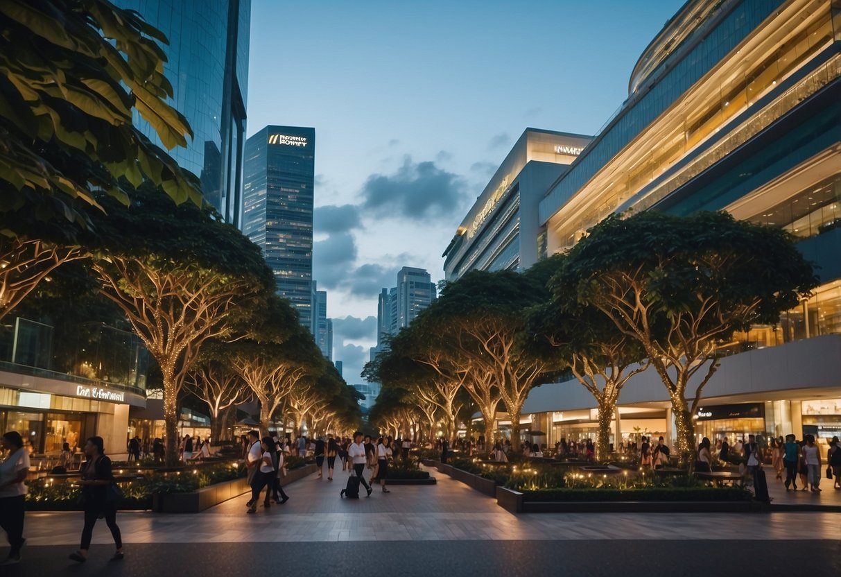A bustling street with luxury furniture stores and shoppers on Orchard Road, Singapore. Bright lights, elegant displays, and busy sidewalks