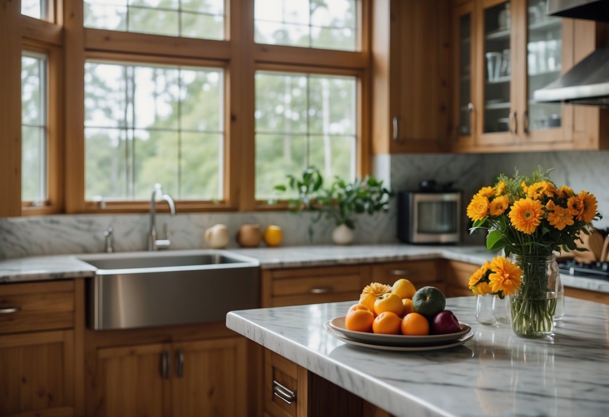 A cozy kitchen with wooden cabinets, a marble countertop, and stainless steel appliances. A large window lets in natural light, and a small dining table is set with colorful placemats