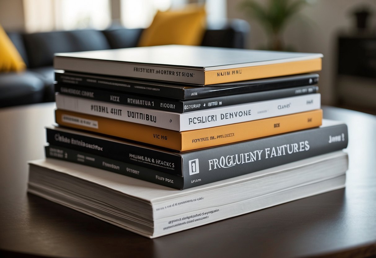 A stack of modern furniture catalogs with "Frequently Asked Questions" highlighted on top