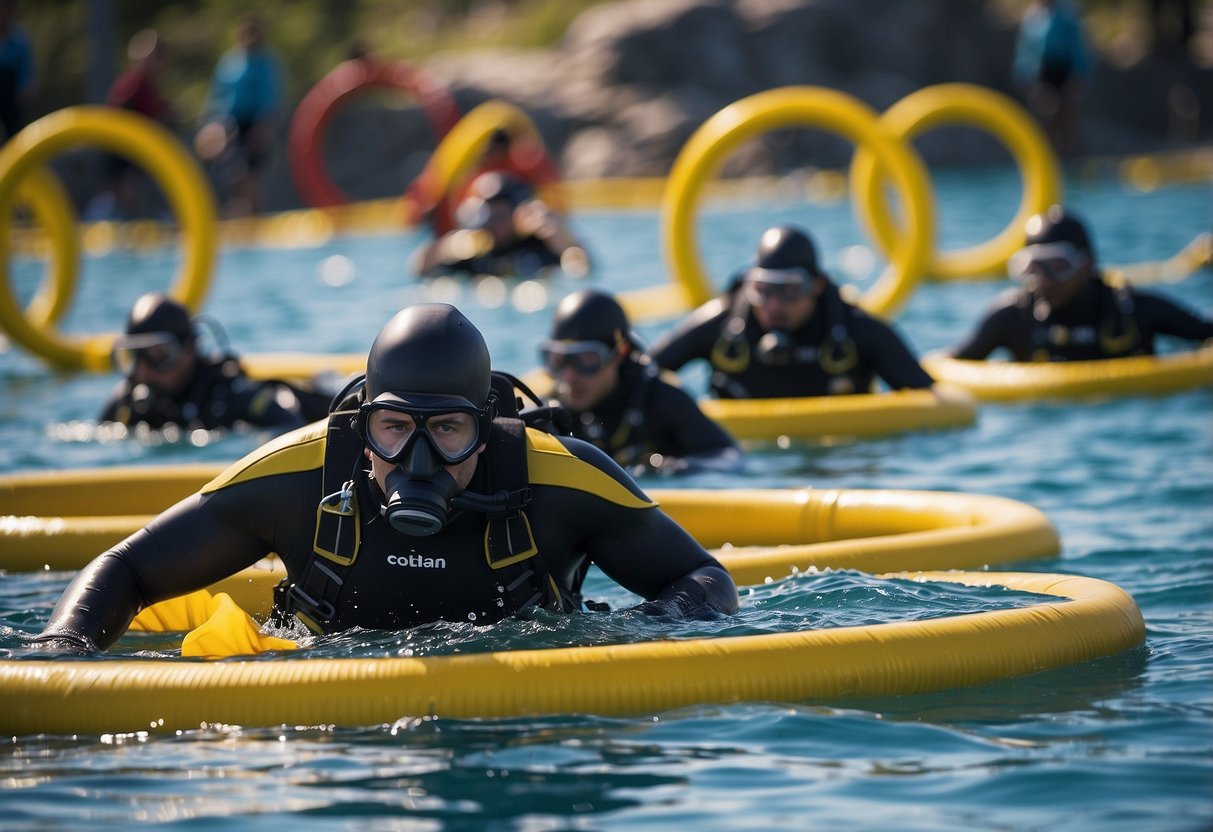 Divers tackle obstacle course, swim through hoops, and retrieve objects from ocean floor