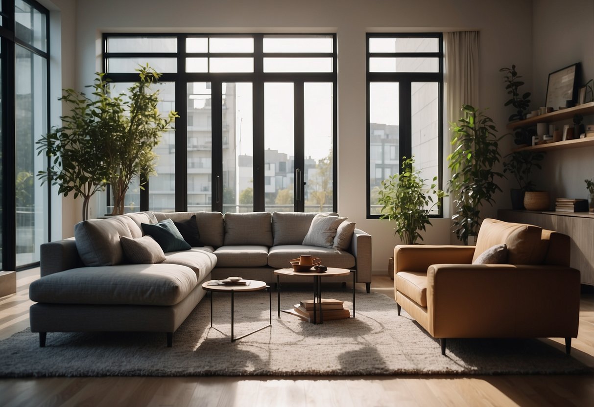 A cozy living room with modern and unconventional furniture pieces arranged in a stylish and inviting manner
