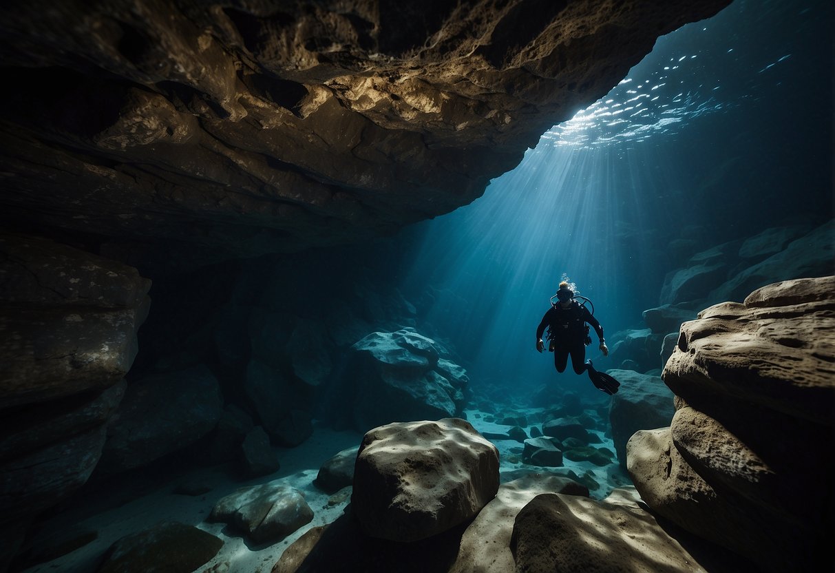 A diver navigates through a dark cave, passing by narrow passages and rock formations. The water is clear, with beams of light cutting through the darkness