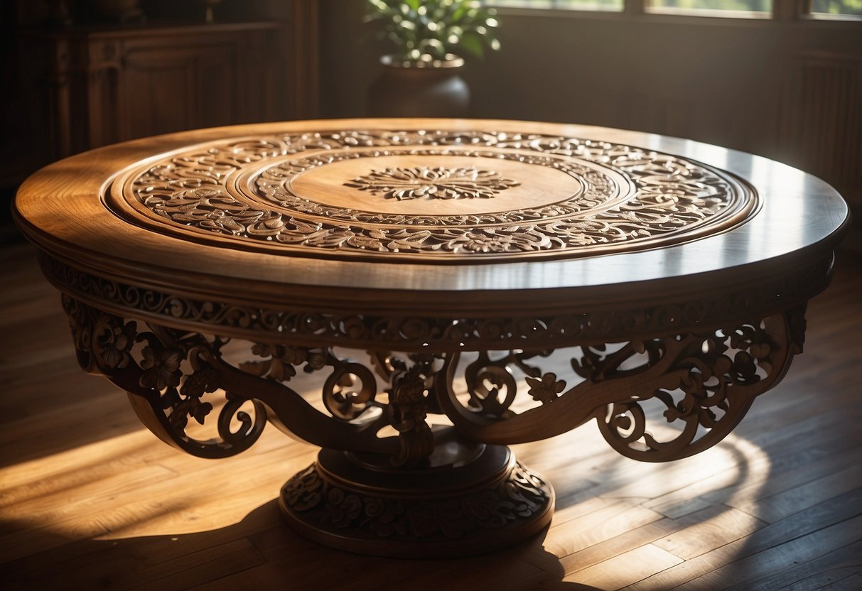 A grand oak table, intricately carved with floral motifs and swirling patterns, stands in a sunlit room, casting delicate shadows on the polished floor