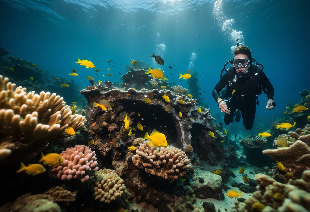 A diver explores a sunken ship, surrounded by colorful fish and coral. The wreckage is covered in barnacles and seaweed, creating an eerie and mysterious underwater scene