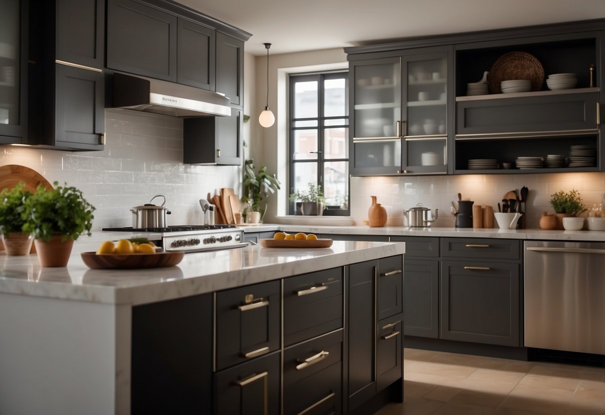 A kitchen scene with essential furniture: cabinets, countertops, sink, stove, and refrigerator