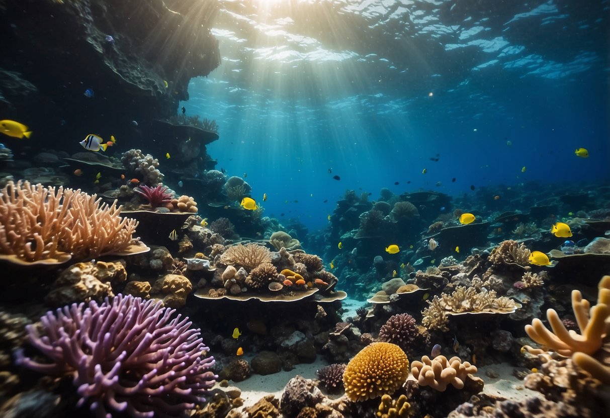 A colorful coral reef with various sea creatures, a sunken ship, underwater caves, and a diver navigating through challenging obstacles