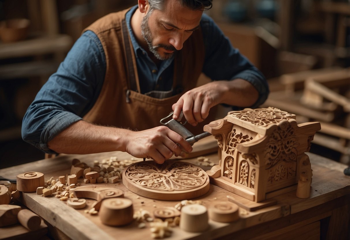 A craftsman carves intricate designs into a wooden chair, surrounded by tools and wood shavings