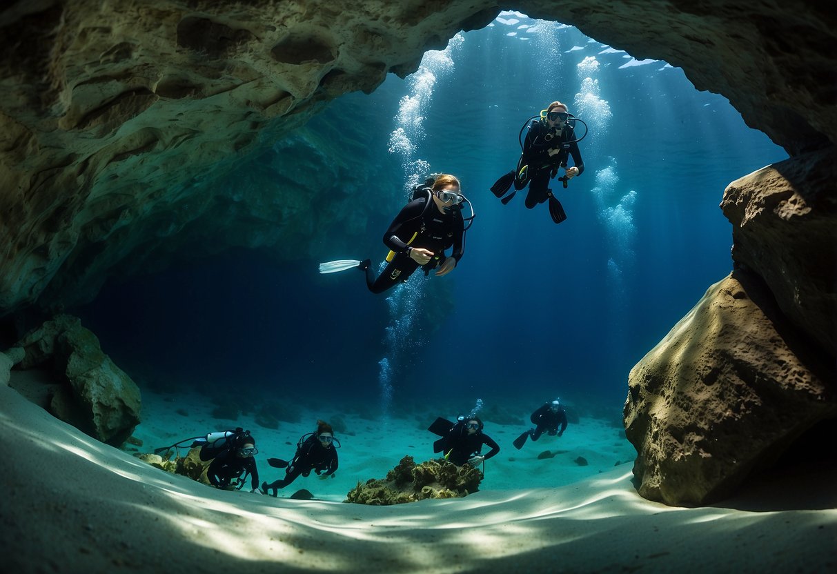 A group of divers explore underwater caves, navigate through narrow passages, and search for hidden treasures while using nitrox gas for extended dive times