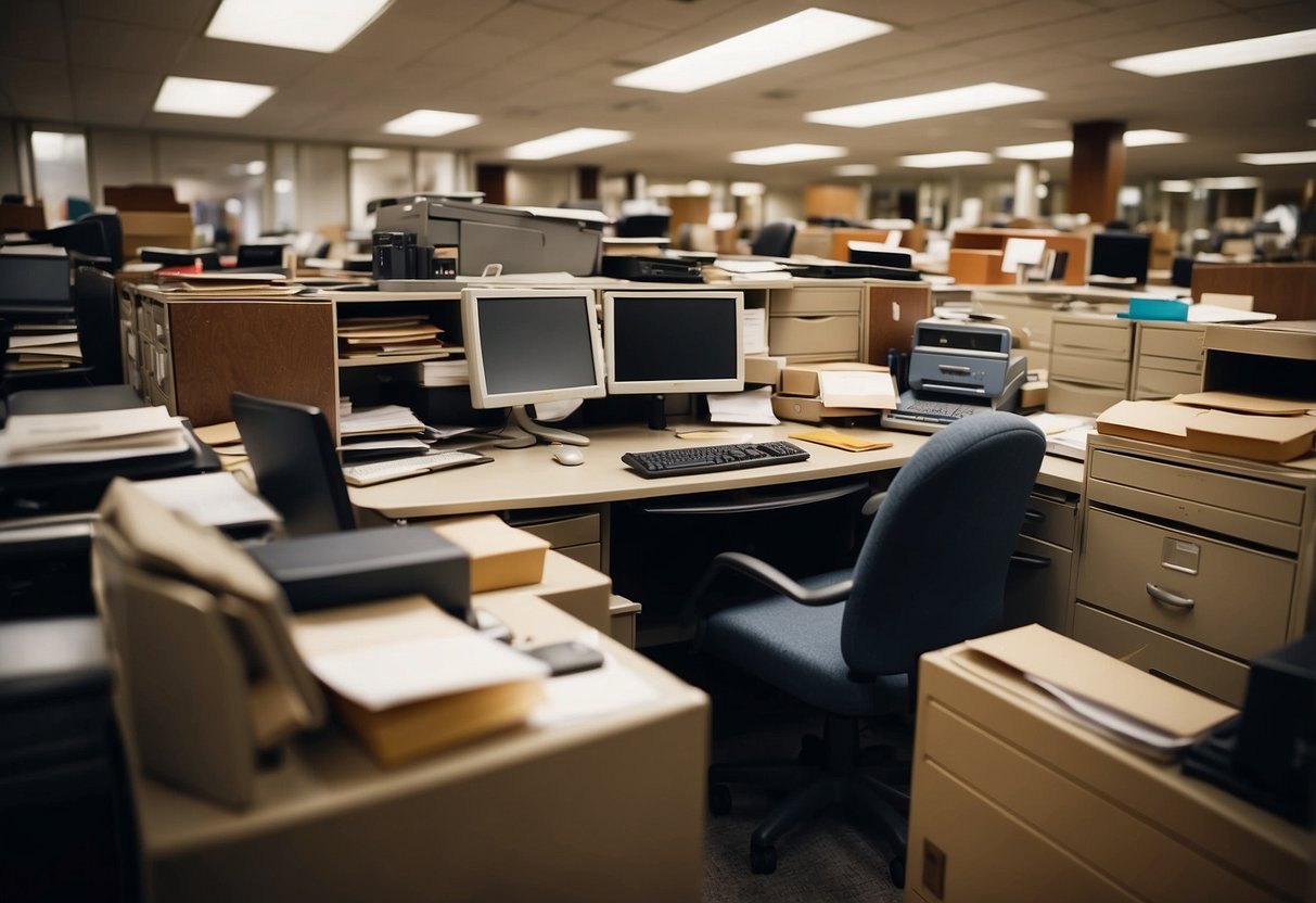 A cluttered office space with various used furniture pieces, including desks, chairs, and filing cabinets. The furniture is arranged in a functional and organized manner, with labels indicating their purpose