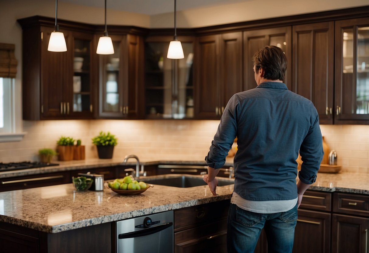 A person is browsing through various kitchen furniture options, examining cabinets, countertops, and appliances for their home