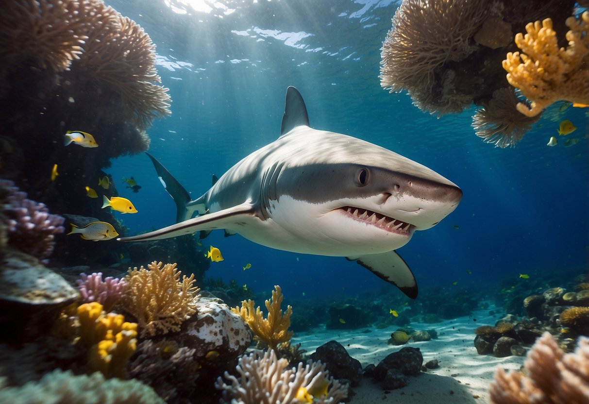 A shark swims gracefully through crystal-clear water, surrounded by colorful coral and fish. The ocean floor is dotted with interesting challenges for adventurous divers to explore