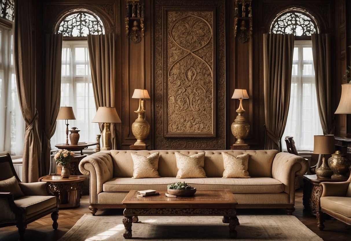 A cozy living room with intricately carved furniture, featuring ornate patterns and designs. The room is well-lit with natural sunlight streaming in through the windows, casting shadows that accentuate the details of the carvings