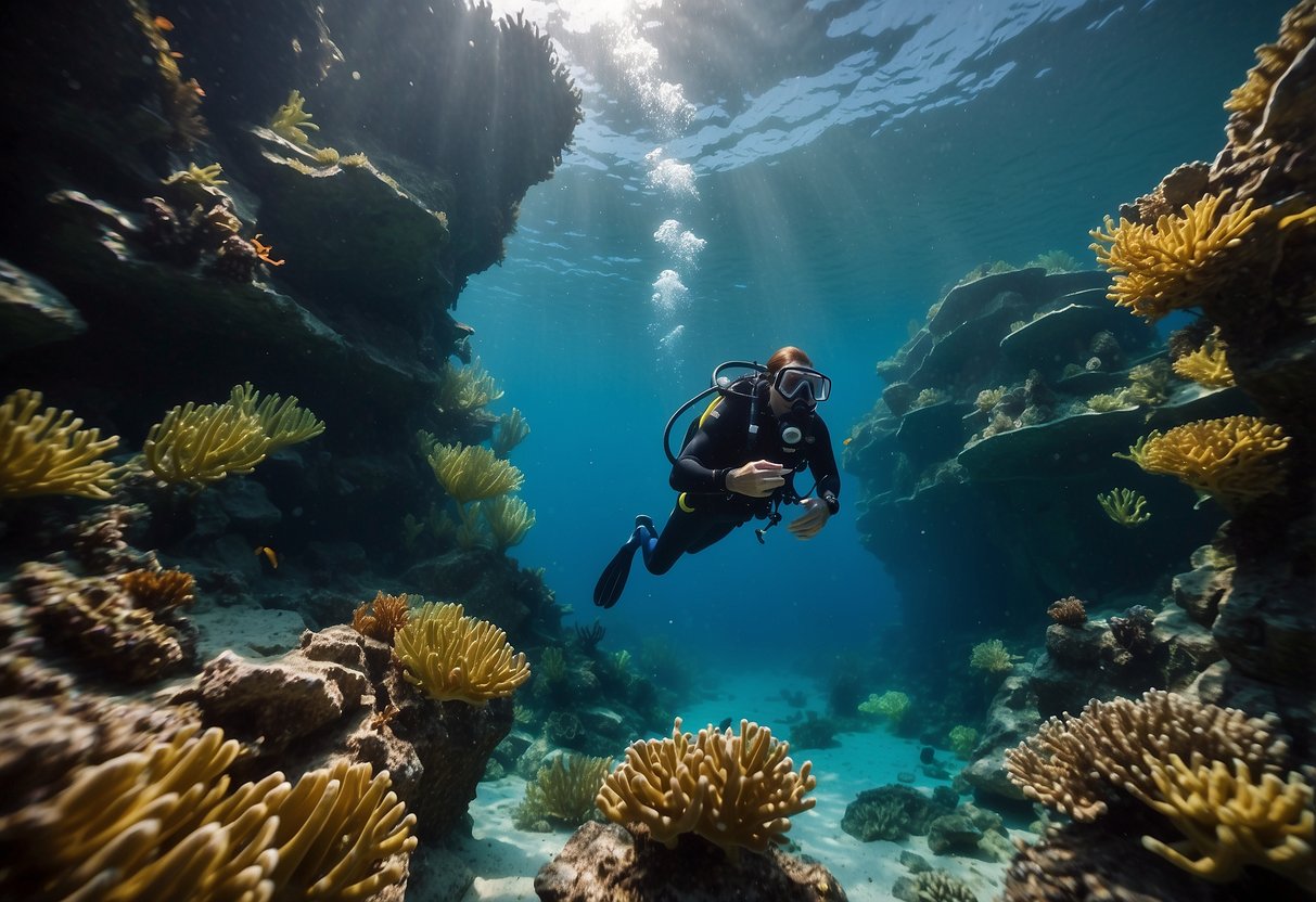 Divers explore underwater obstacles, like sunken ships and coral formations, while testing their skills in 10 fun challenges