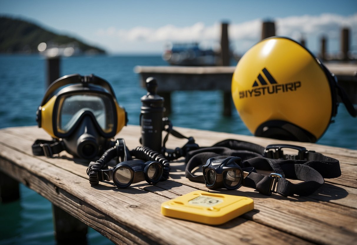 Diving equipment laid out neatly on a dock, with signs displaying safety rules and challenge descriptions. The ocean stretches out in the background, inviting and mysterious