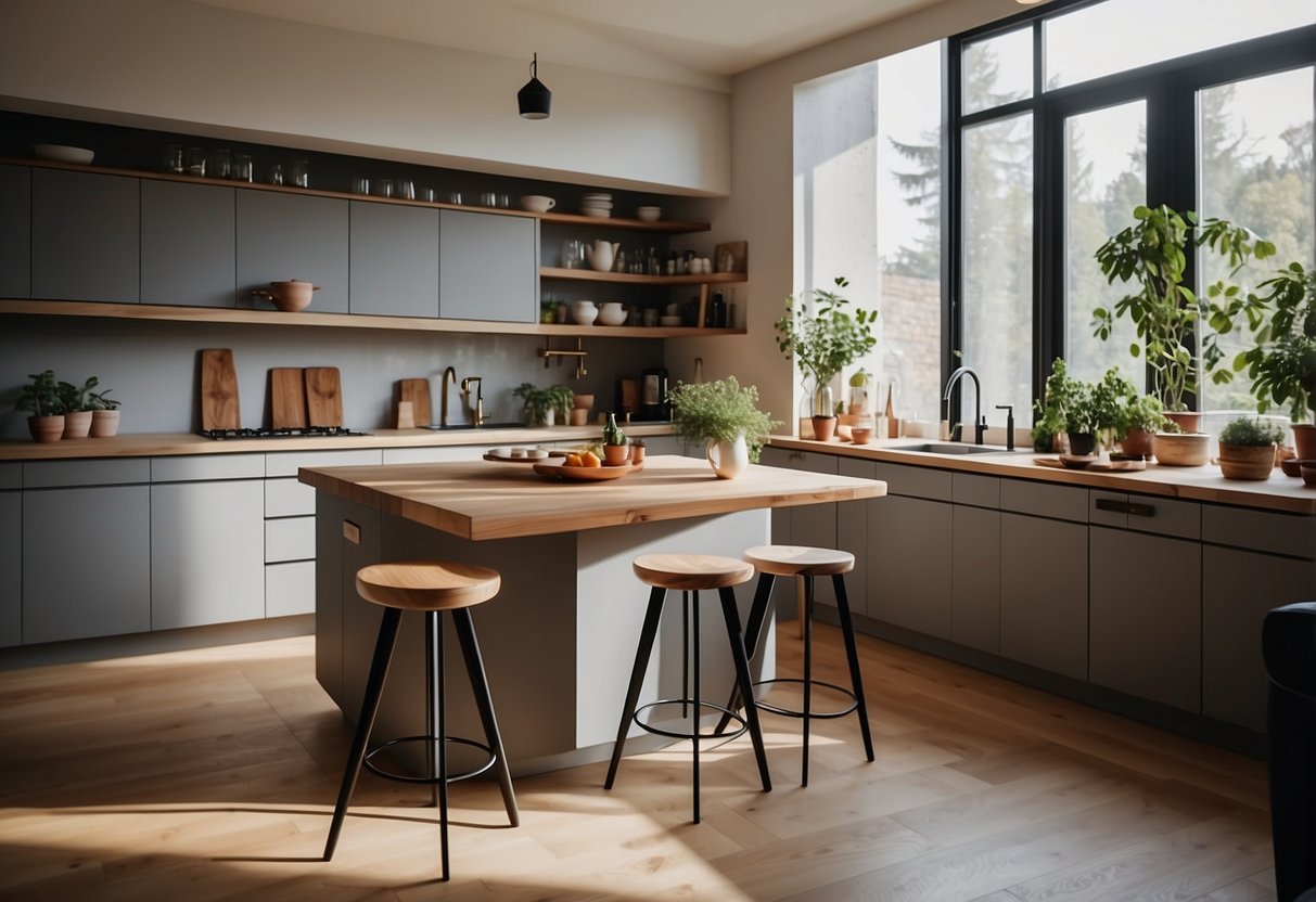 A cozy kitchen with modern furniture, including a sleek island, stylish cabinets, and a spacious dining area. Bright natural light streams in through large windows, creating a warm and inviting atmosphere