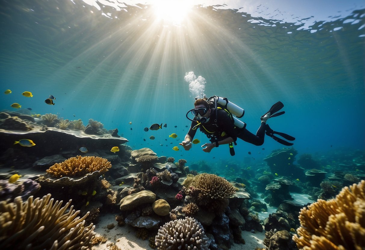 A serene underwater landscape with colorful coral, schools of fish, and a variety of sea creatures. A diver navigates through the clear water, completing fun diving challenges