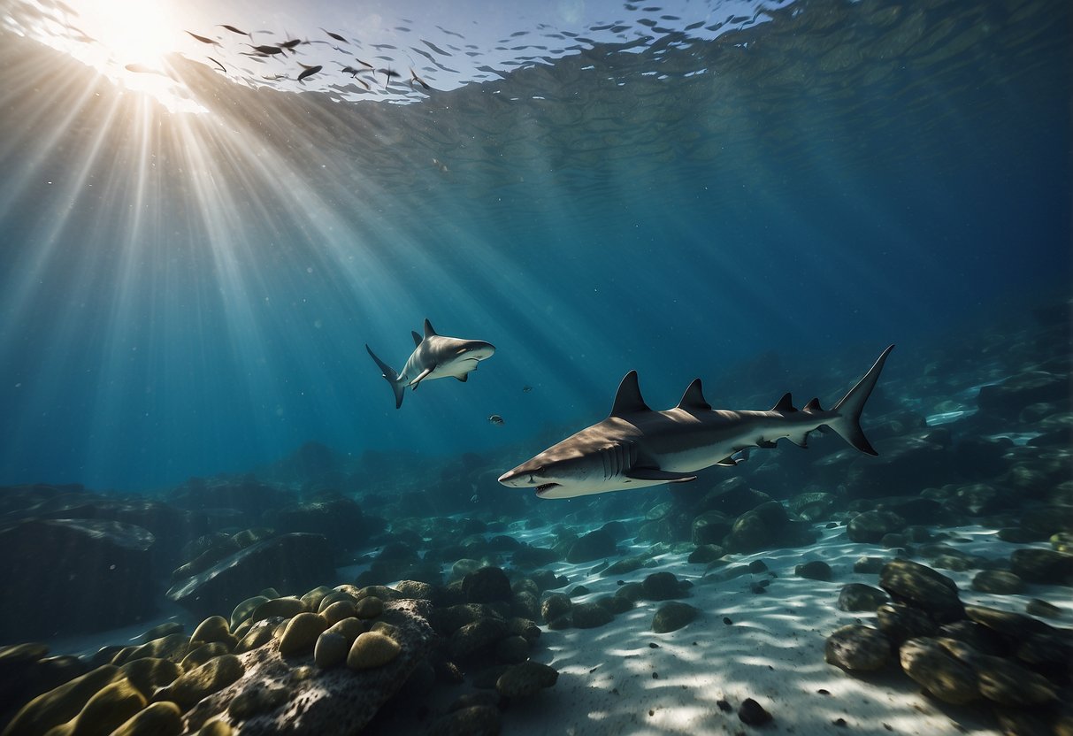 Crystal clear water with sharks circling below. Diver follows safety tips, avoiding sudden movements. Sunlight filters down from the surface, casting shadows on the ocean floor