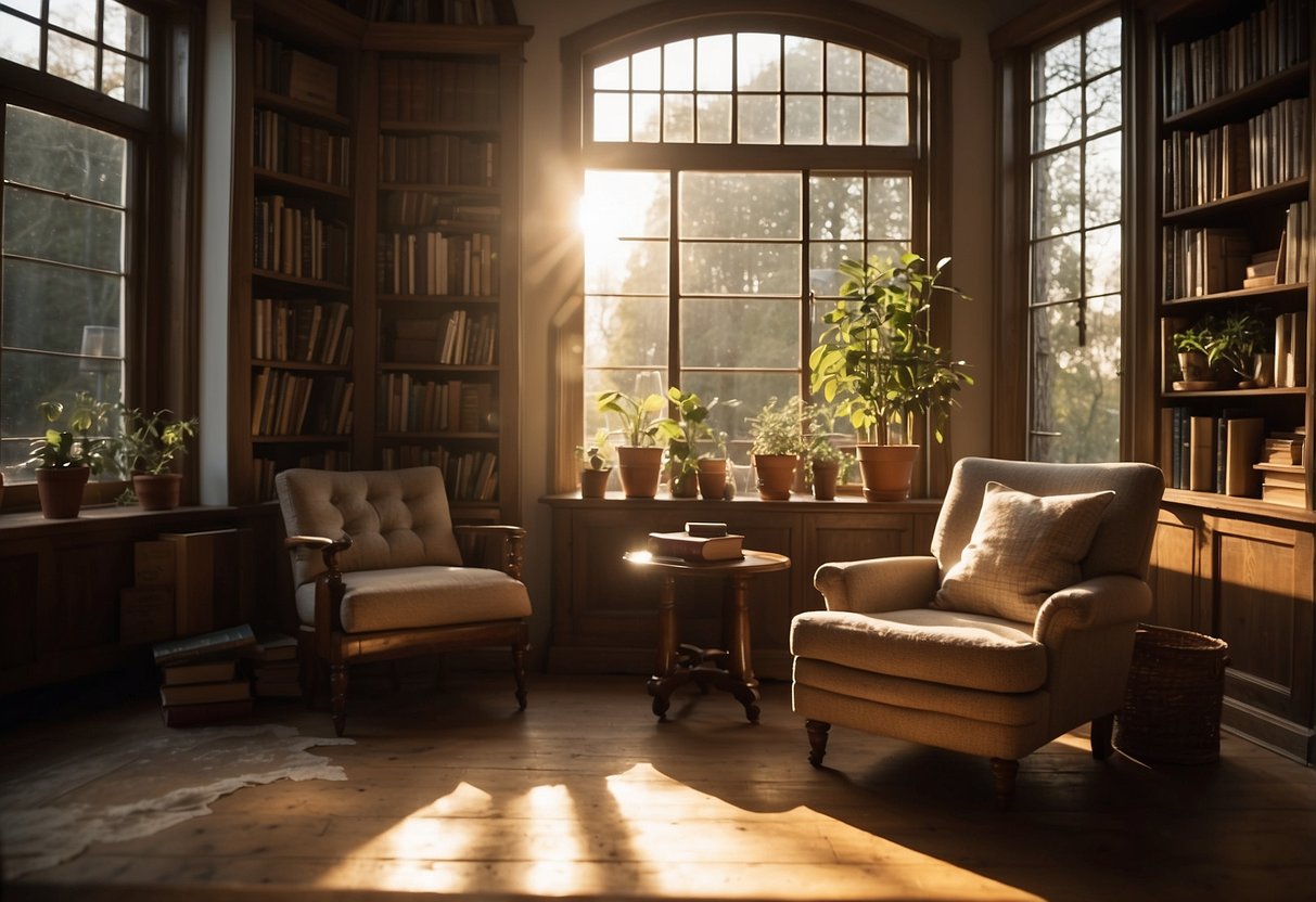 A cozy living room with a vintage armchair, a rustic wooden coffee table, and a bookshelf filled with books and decorative items. Sunlight streams in through a window, casting a warm glow on the scene