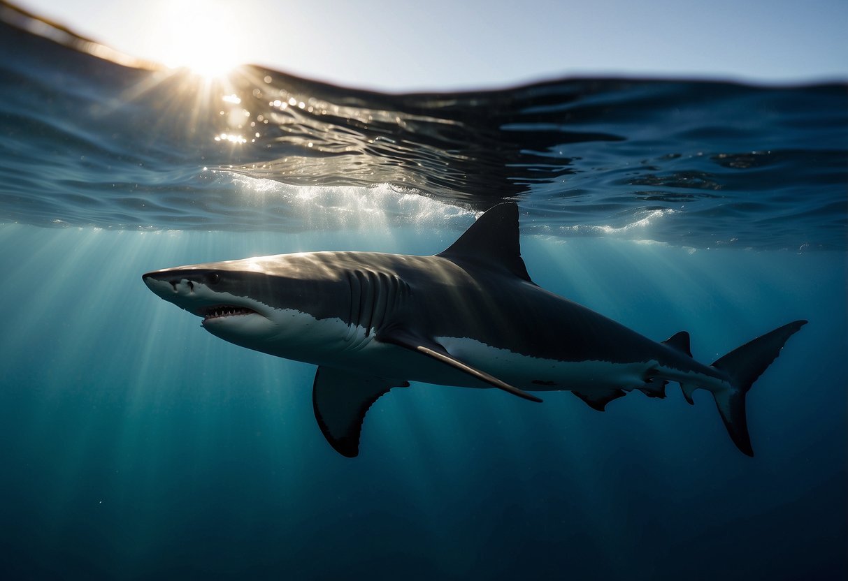 Calm waters with shadowy figures below. No bright colors. Shark fins circling. Depth and danger