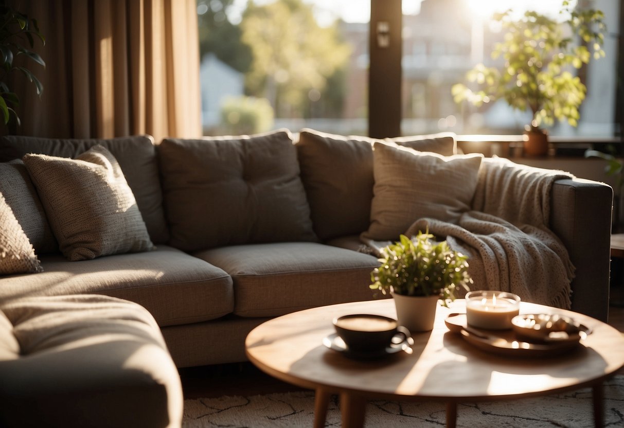 A cozy living room with a comfortable sofa, a stylish coffee table, and a warm rug. Sunlight streams in through the window, casting a soft glow on the furniture