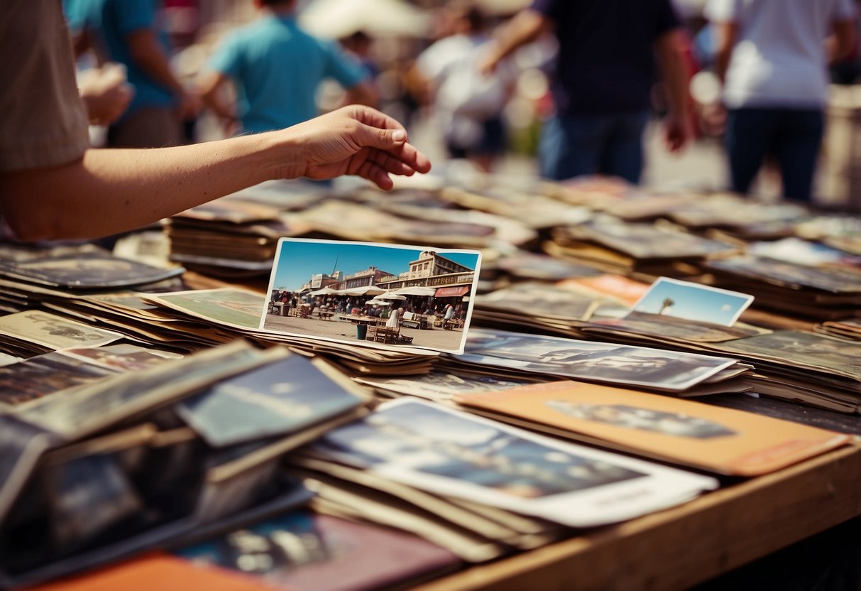A person purchases and sells vintage furniture postcards at a bustling flea market. Tables are lined with colorful postcards, while buyers browse and haggle