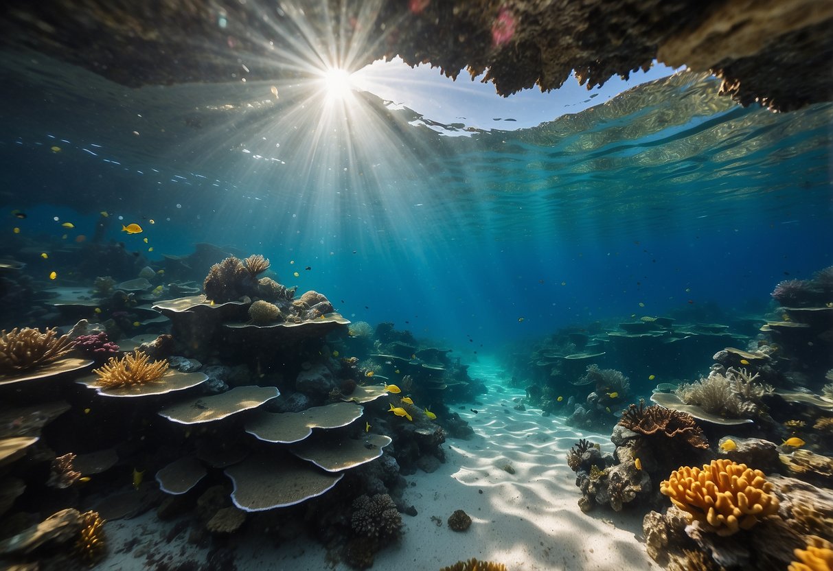 Crystal clear waters surround vibrant coral reefs, teeming with colorful marine life. Sunlight filters through the depths, illuminating ancient shipwrecks and underwater caves