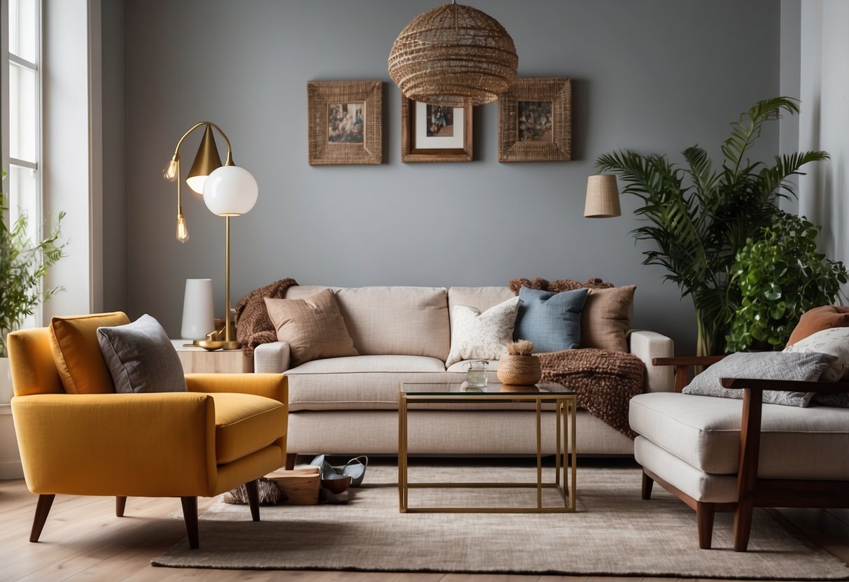 A postcard with FAQs about furniture, surrounded by various pieces of furniture and decor items