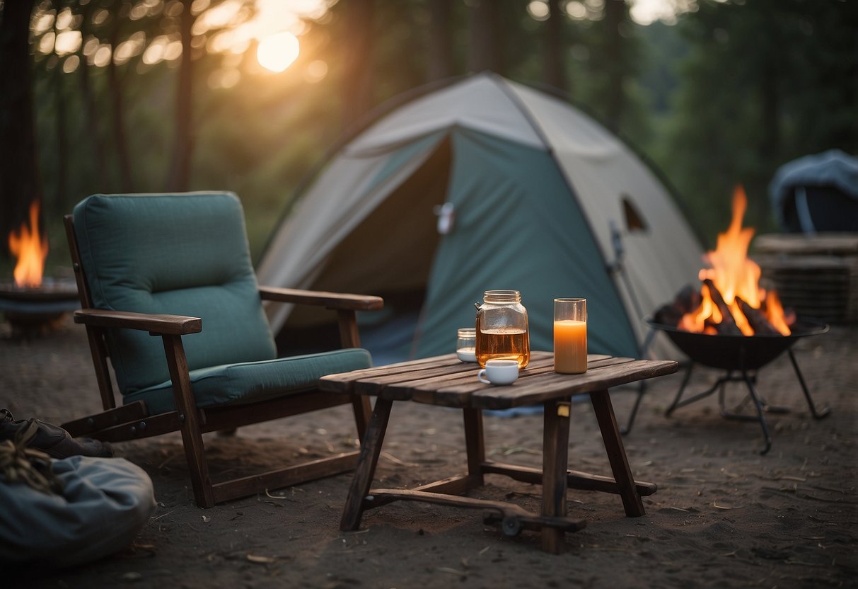 A set of campaign furniture arranged in a rugged outdoor setting, with a canvas tent in the background and a campfire burning nearby